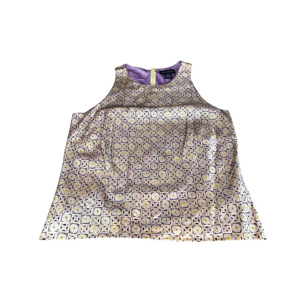 Ann Taylor Womens Sleeveless Silk Top Size 6 Gold & Purple Geometric Pattern - Picture 4 of 10